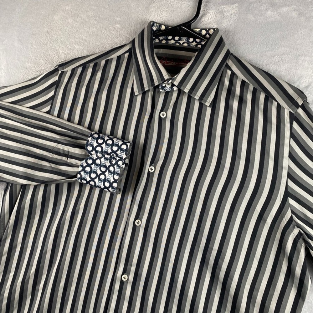 Robert Graham Shirt Mens Large Black Flip Cuff Striped Long Sleeve Button Down